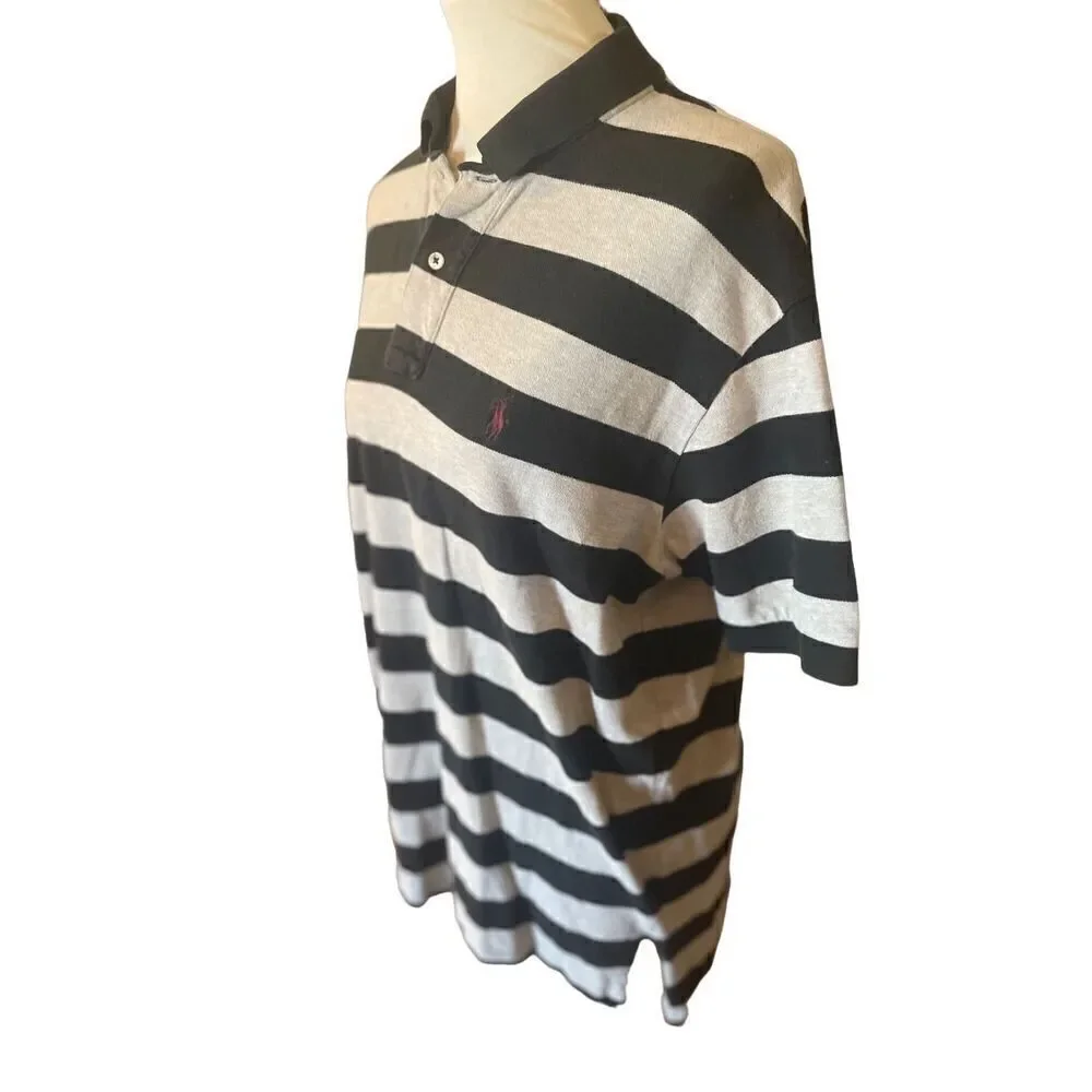 Polo Ralph Lauren Men's Gray Black Striped Short Sleeve Polo Shirt Size Large